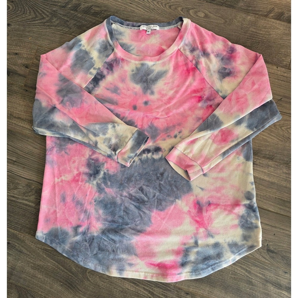 Women's sz 1XL ChicSoul Tie Dye Pink Gray White Long Sleeve Raglan Shirt Top‎